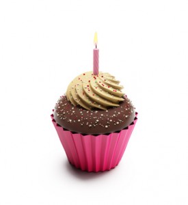 Birthday chocolate cupcake, sweet dessert with whipped cream