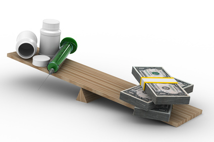 Medicine and money on scales. Isolated 3D image